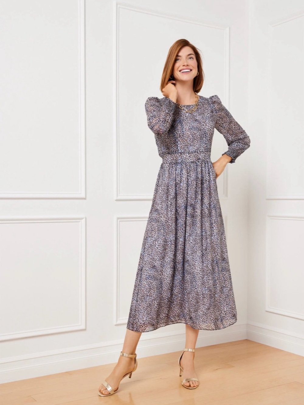 NWT Smocked fit and flare midi dress leopard metallic dot 12